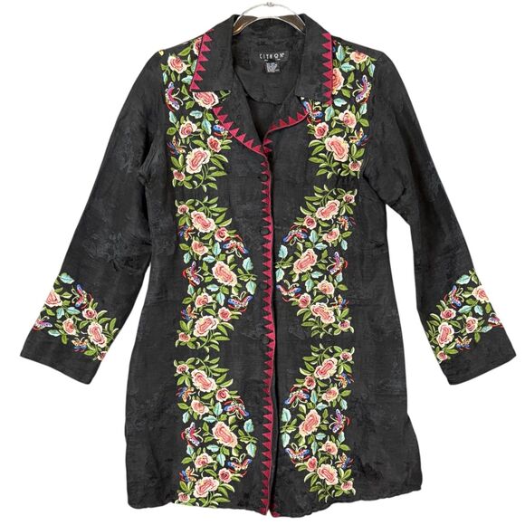 Citron Santa Monica Linen Silk Button Jacket Asian Brocade Floral Embroidered XS - Picture 1 of 12